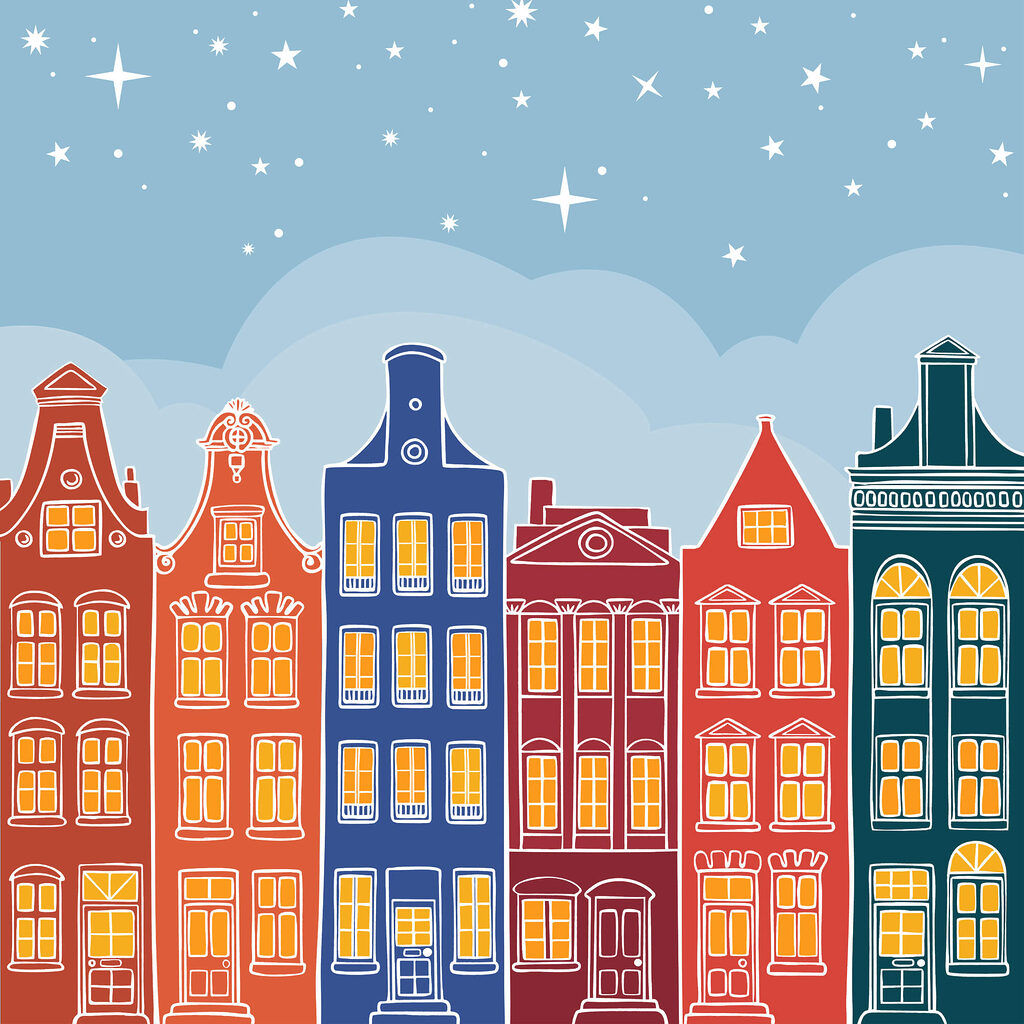 Colourful houses under stars — full design