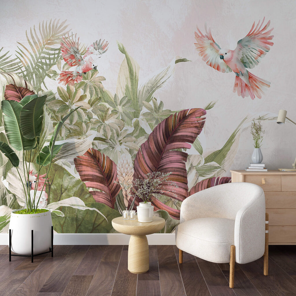 Parrots among large flowers — interior 1