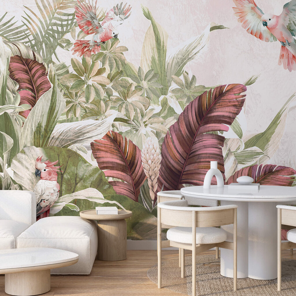 Parrots among large flowers — interior 2