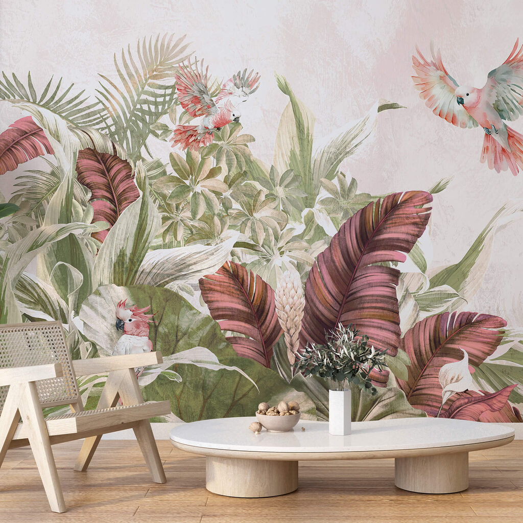 Parrots among large flowers — interior 3