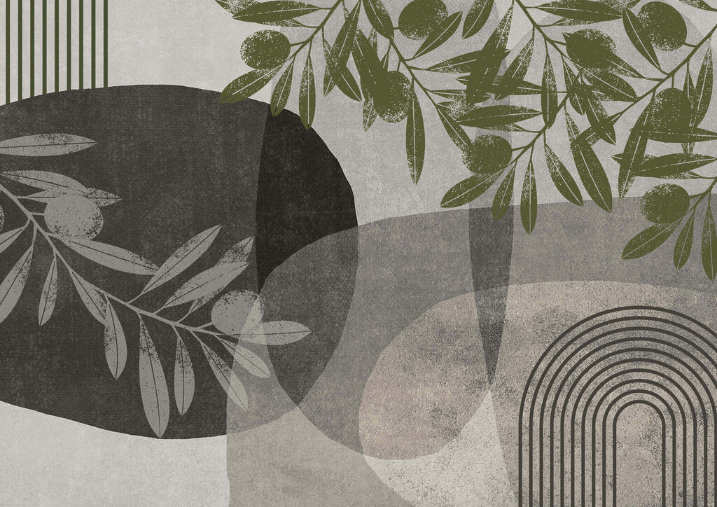 Leaves among abstract arches — full design