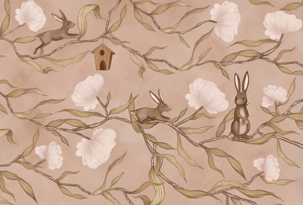 Rabbits on blossom branches — full design