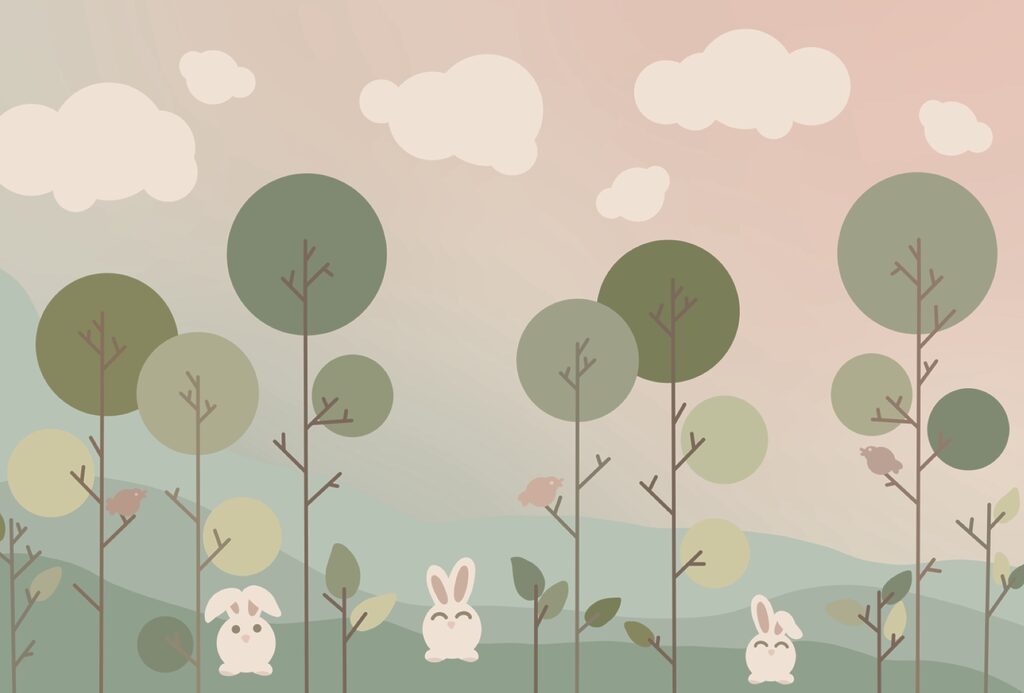 Rabbits among round treetops — full design