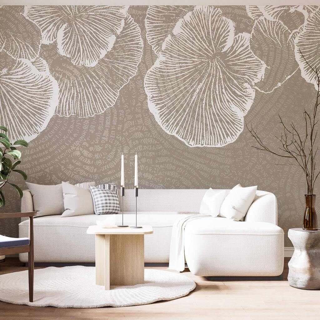 White leaves on taupe — interior 2