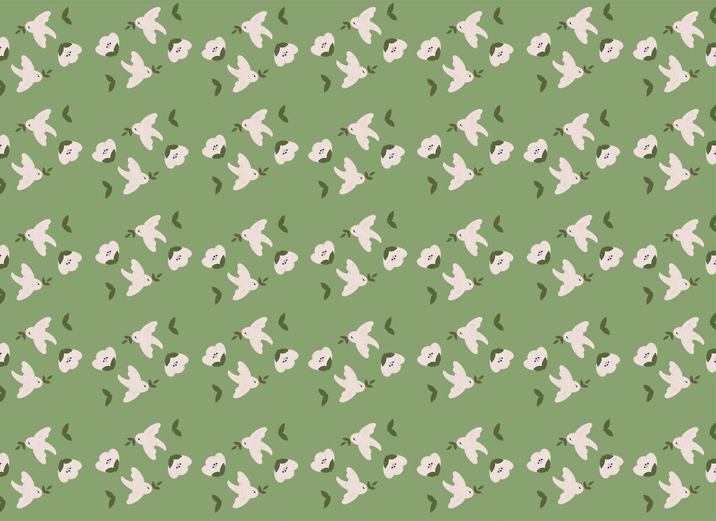 White birds on green — full design