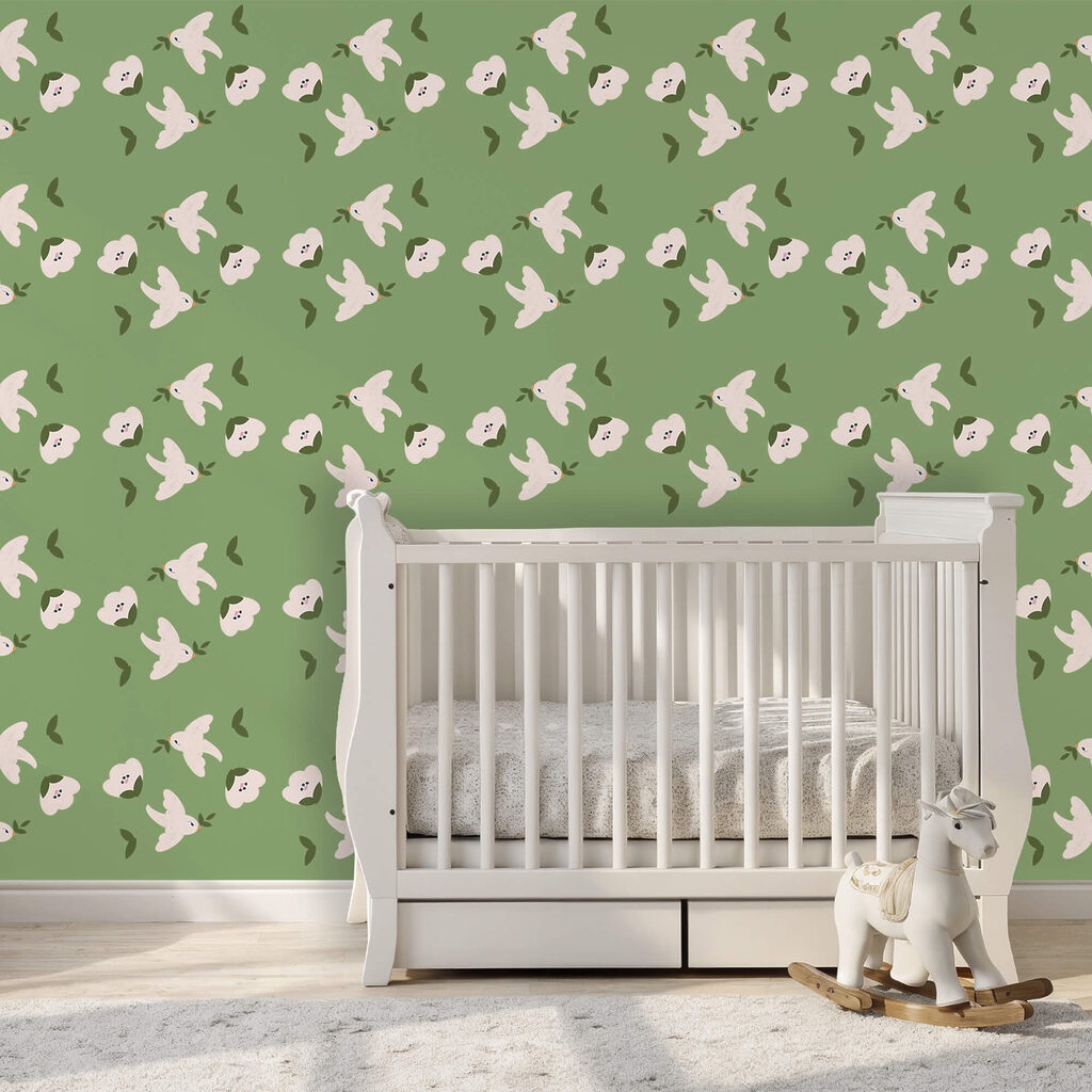 White birds on green — interior 2