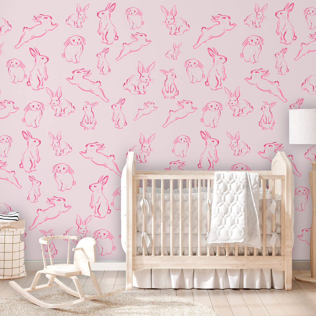 Pink rabbits in lines — interior 1