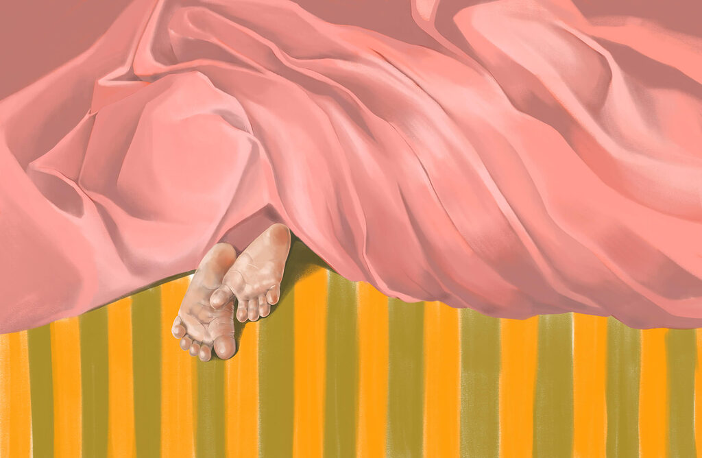 Feet under pink folds — full design