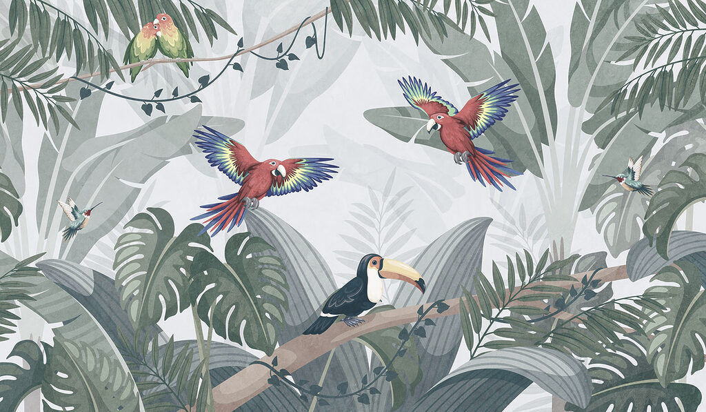 Tropical birds among leaves — full design
