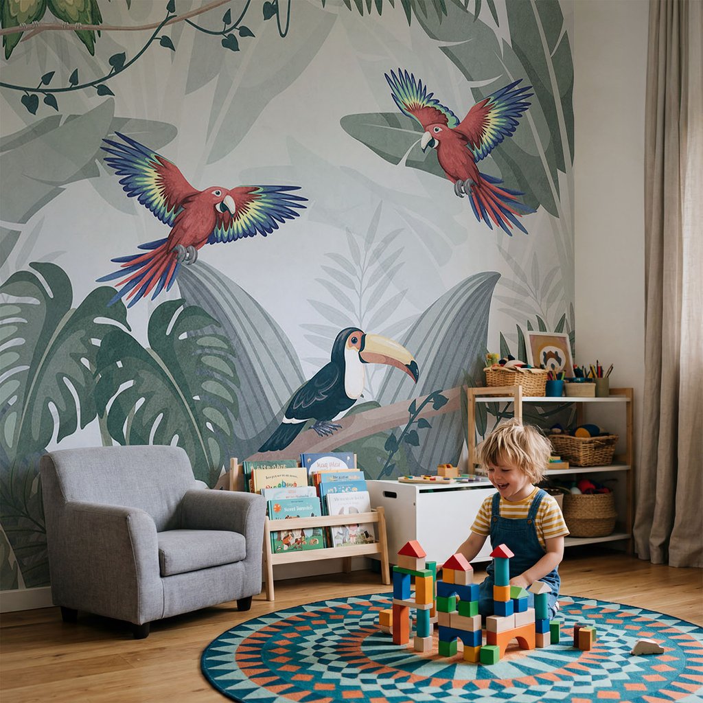 Tropical birds among leaves — interior 2