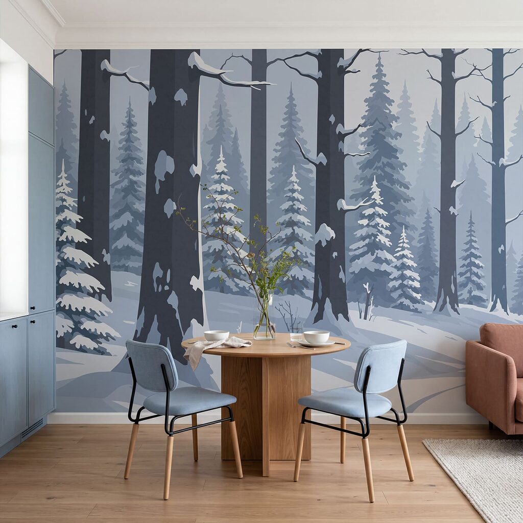 Path between snowy pines — interior 1