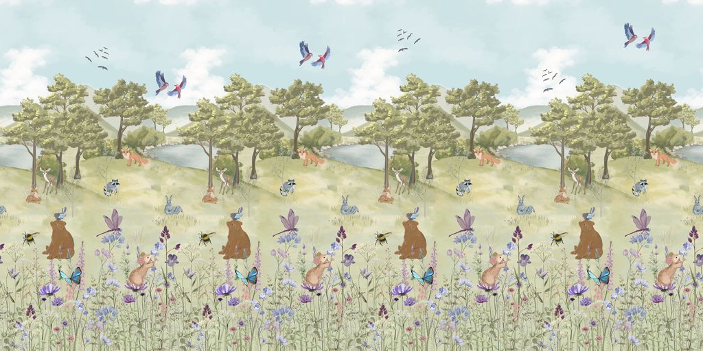 Woodland friends among meadow flowers — full design