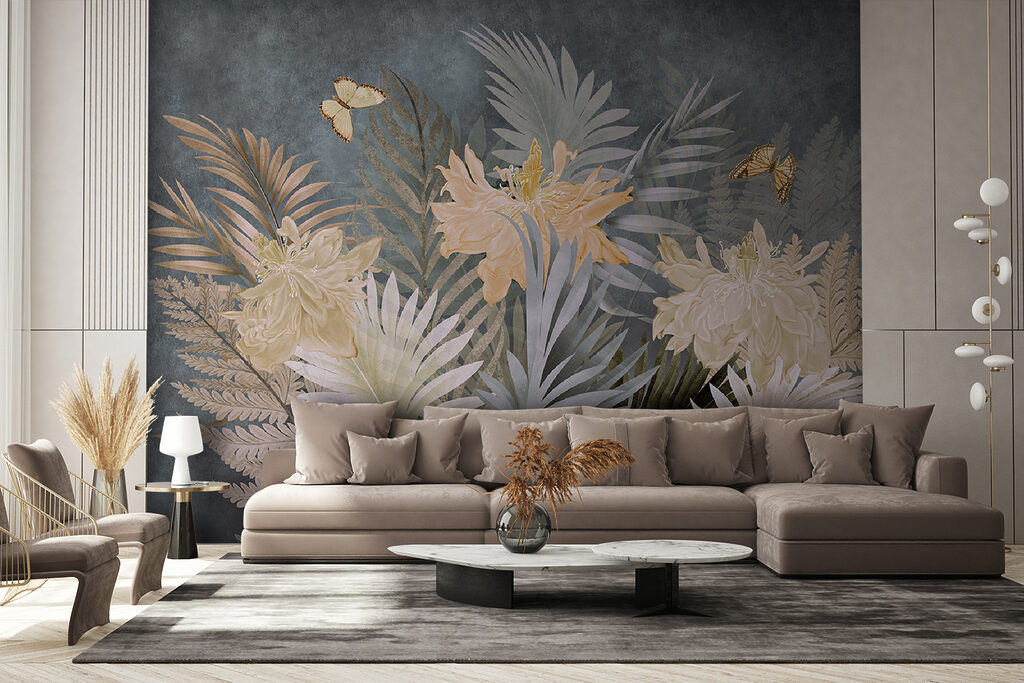 Flowers, ferns on grey — interior 3