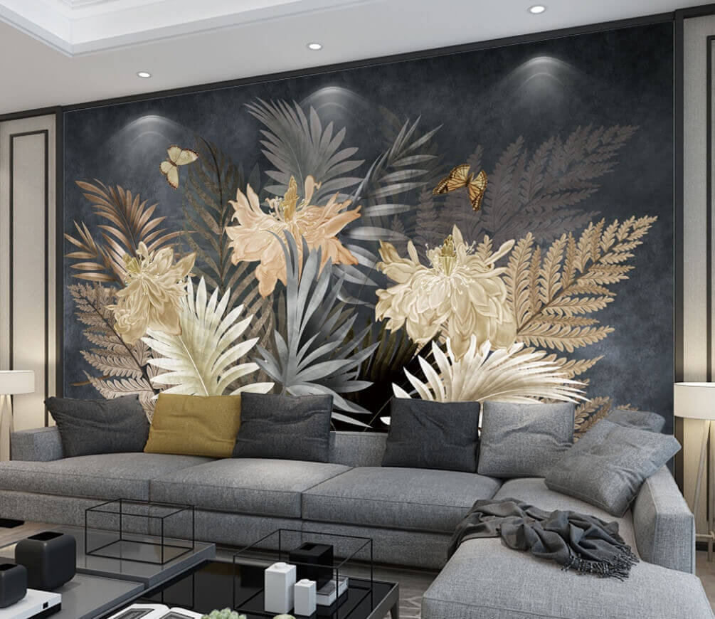 Flowers, ferns on grey — interior 1