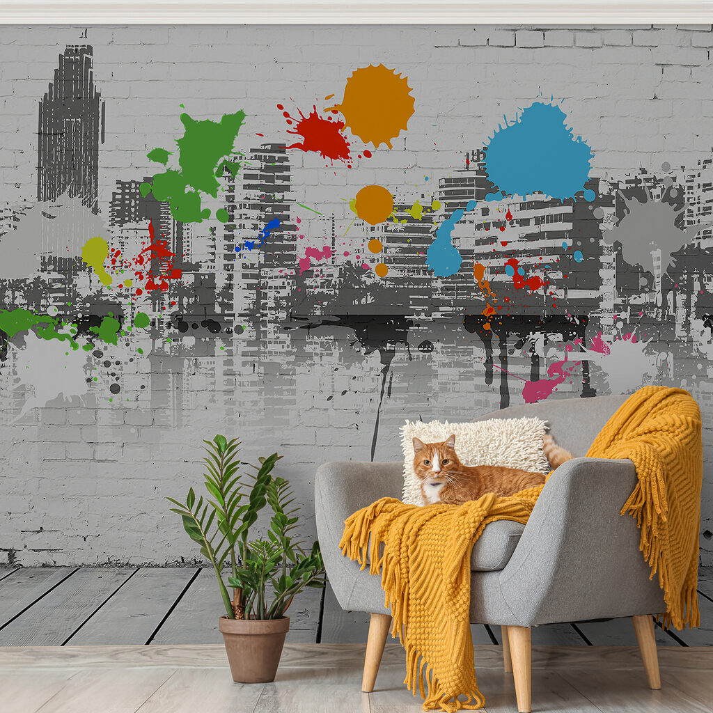 City silhouette, paint splashes — interior 3