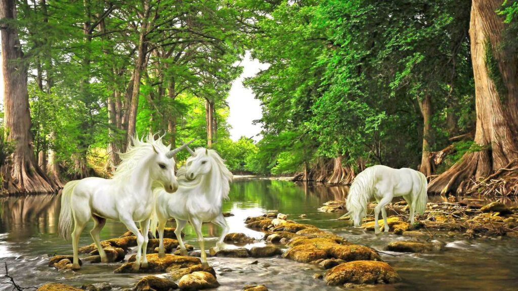 White horses, forest stream — full design