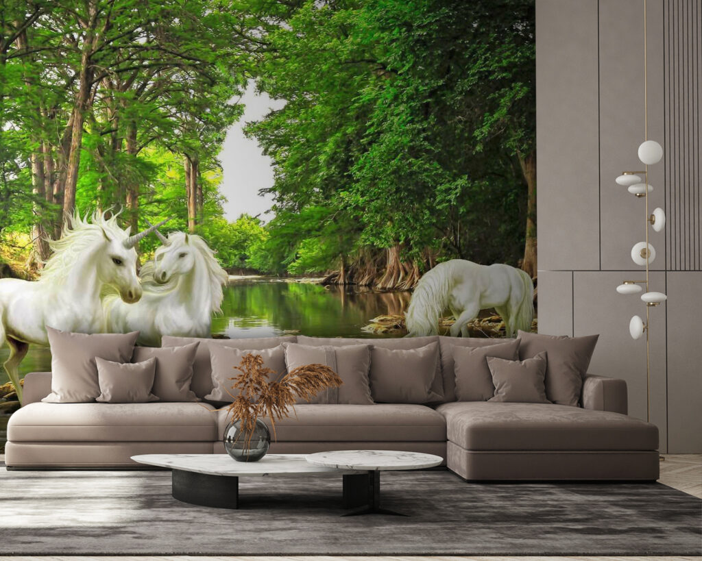 White horses, forest stream — interior 3