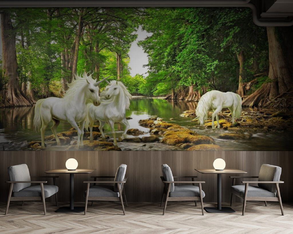 White horses, forest stream — interior 1