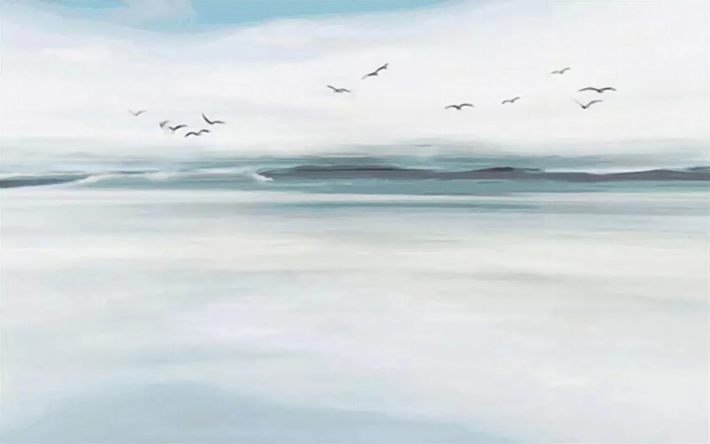 Birds above pale sea — full design