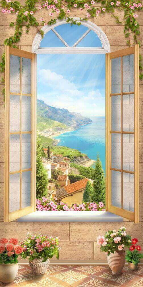 Mountain view, arched window — full design