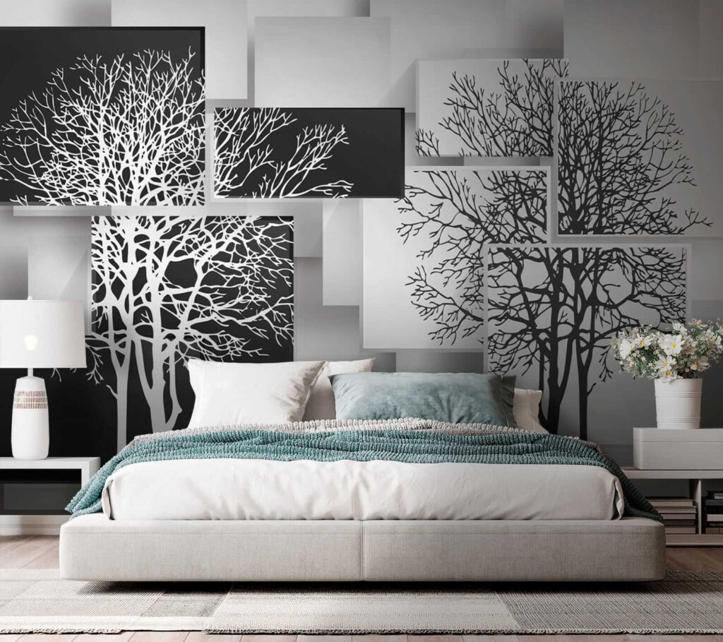 Tree silhouettes on panels — interior 3
