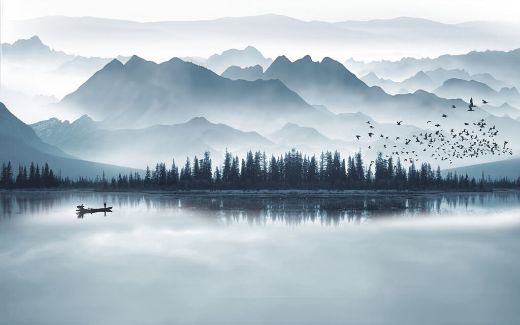 Boat on mountain lake — full design