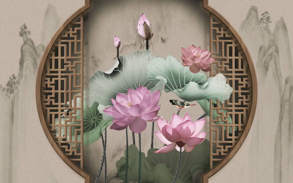 Lotus in round window — full design