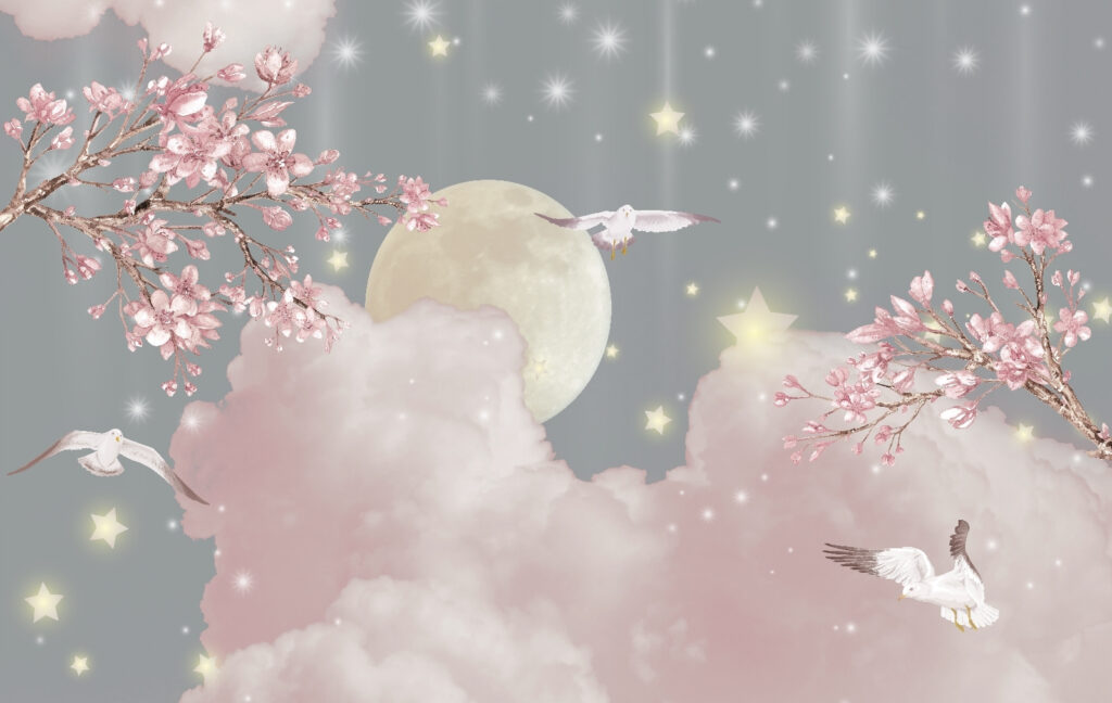 Birds above pink clouds — full design