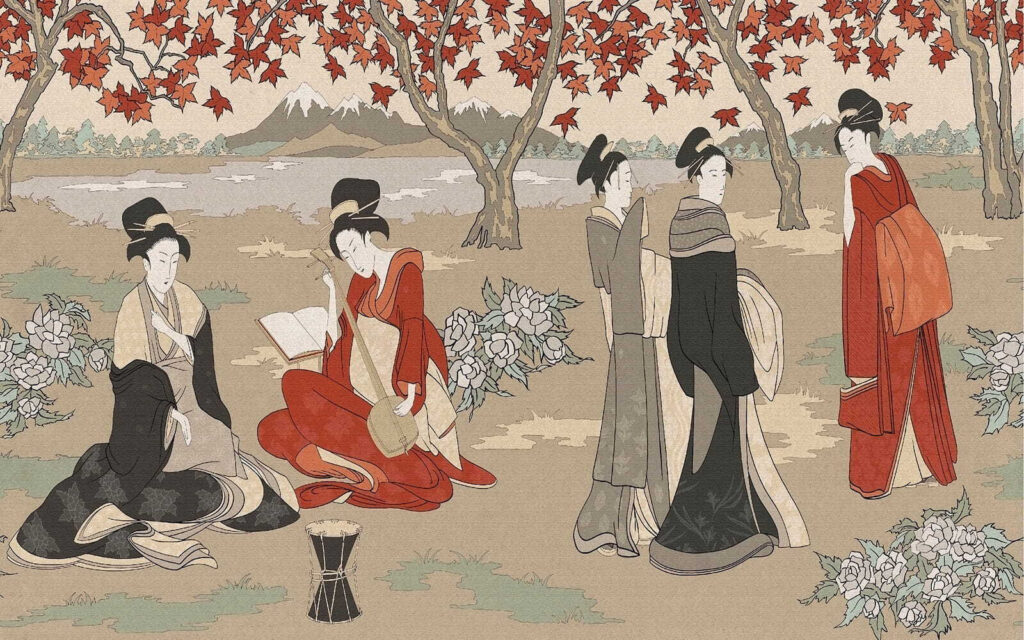Women under autumn trees — full design