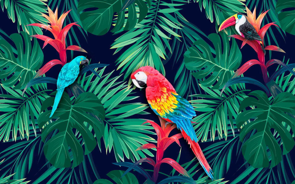 Macaws among jungle leaves — full design