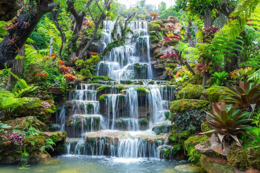 Waterfall over leafy steps — full design