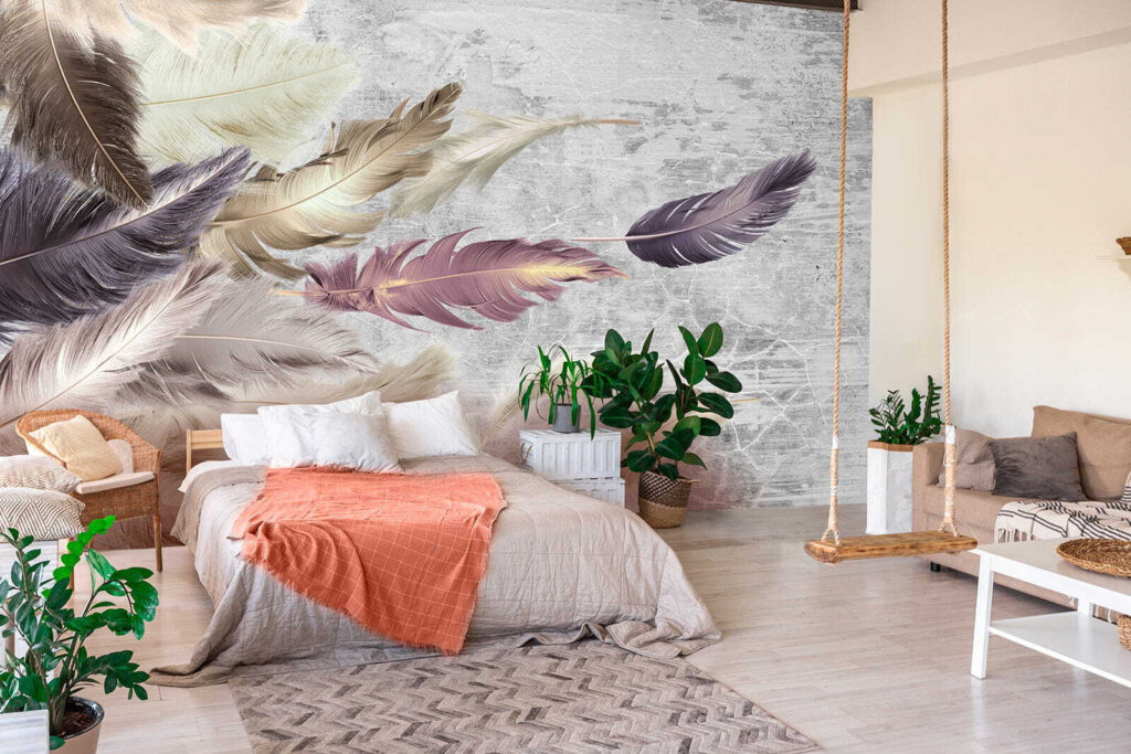 Feathers above weathered paint — interior 2
