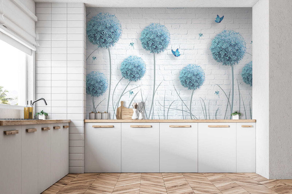 Blue flowers on brick — interior 5