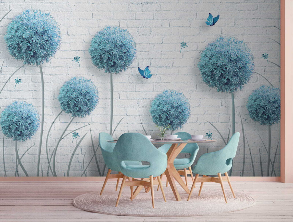 Blue flowers on brick — interior 4