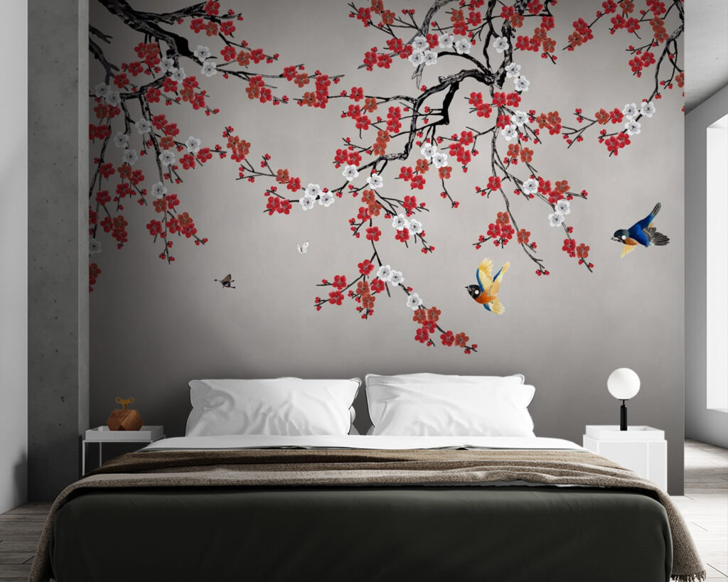 Birds under red blossom — interior 2