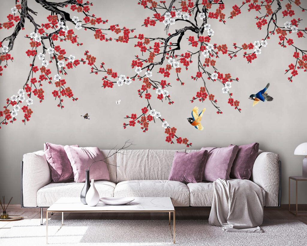 Birds under red blossom — interior 1