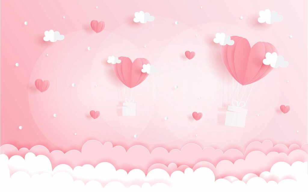 Heart balloons, pink clouds — full design