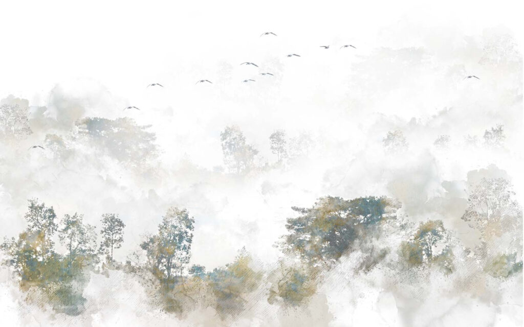 Birds above faded treetops — full design