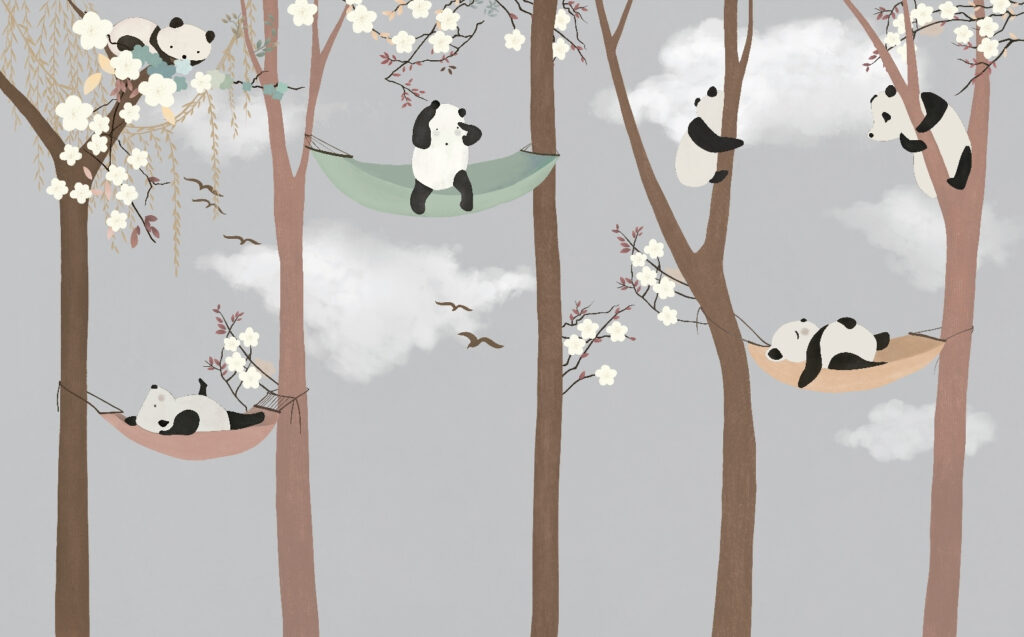 Pandas resting in hammocks — full design