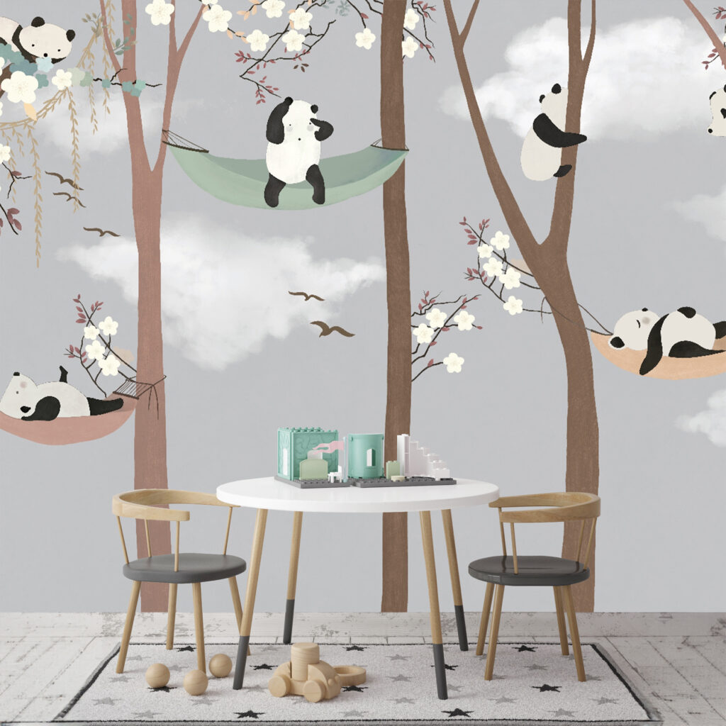 Pandas resting in hammocks — interior 1
