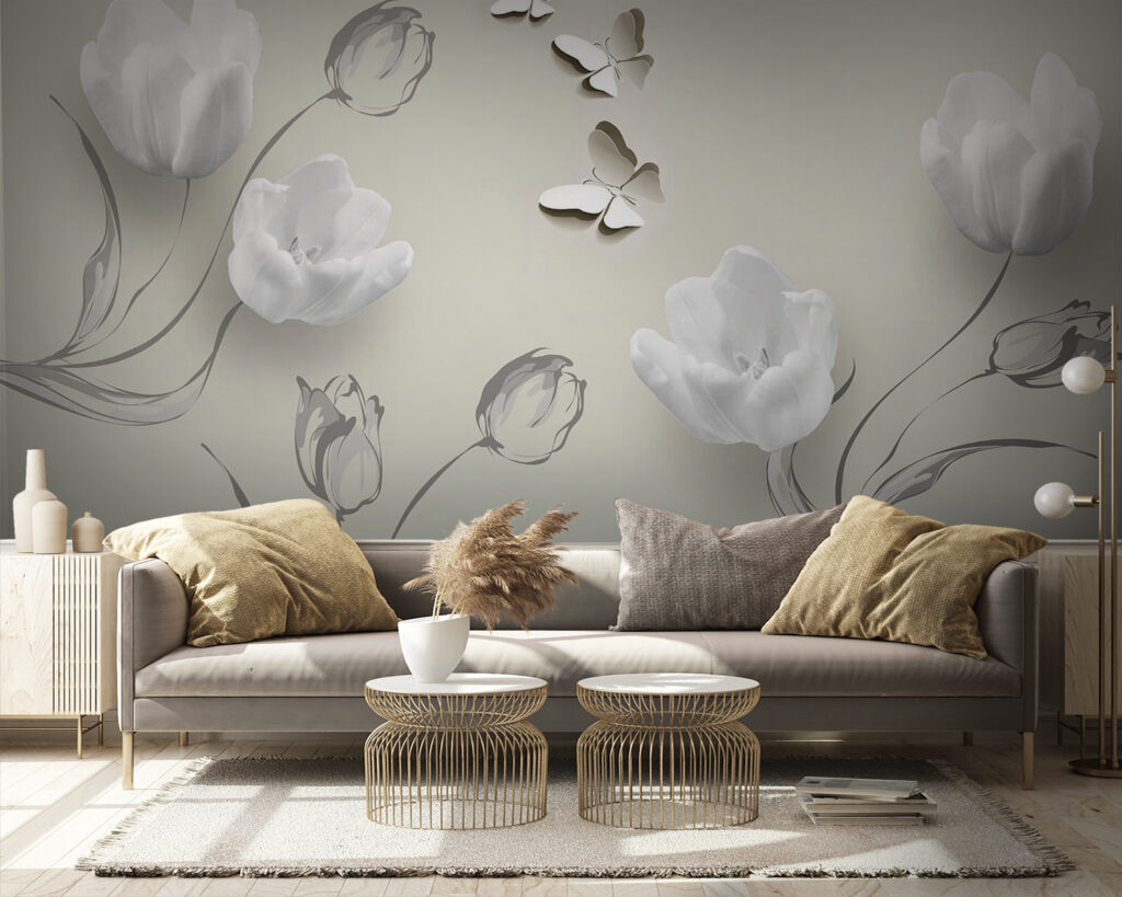 White tulips with butterflies — interior 1