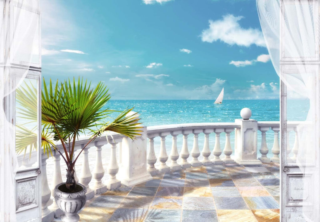 Sea view behind curtains — full design