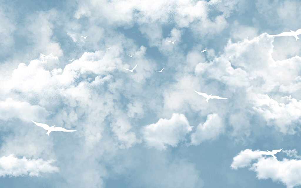 White birds between clouds — full design
