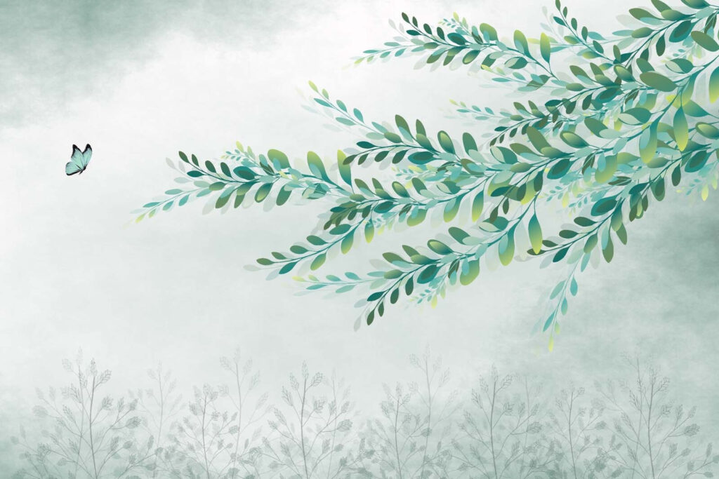Leafy branch over meadow — full design