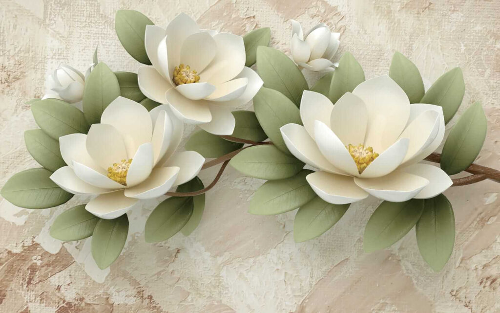 White magnolia on beige — full design