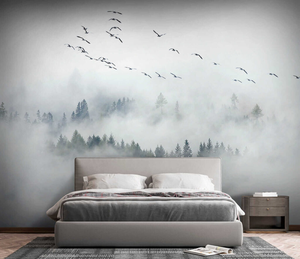 Conifers in white fog — interior 2
