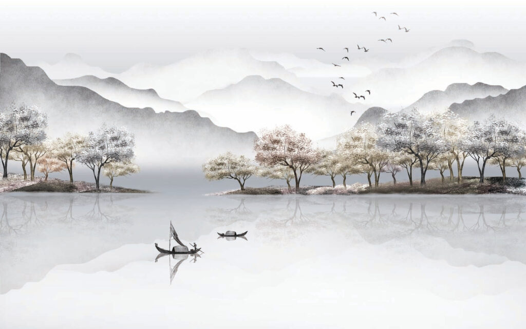 Misty peaks over water — full design