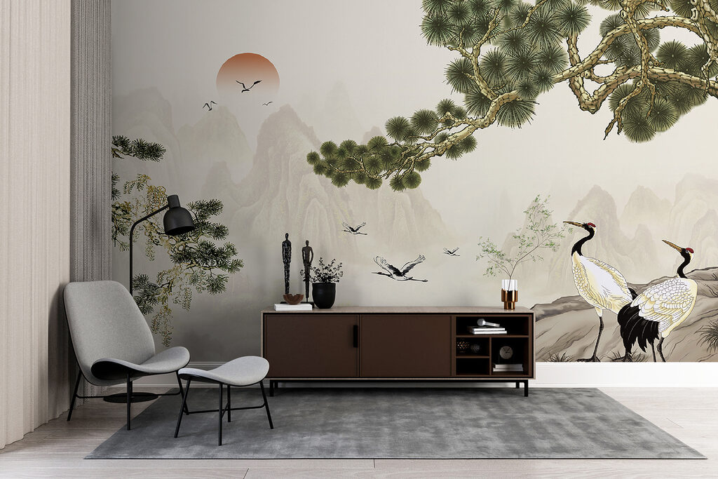 Cranes under pine branch — interior 2