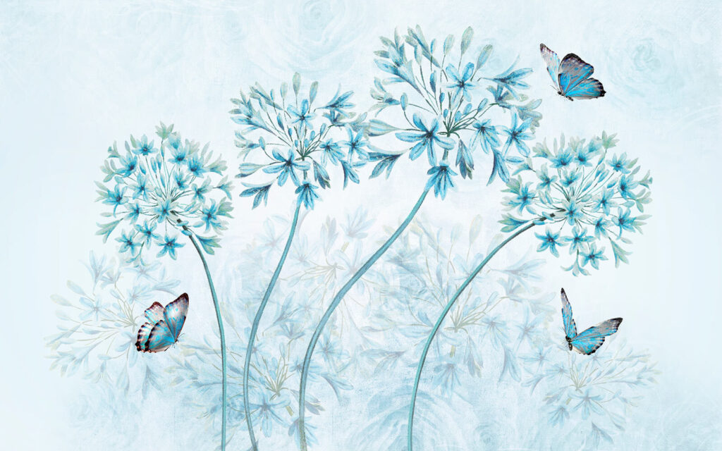 Butterflies among round blooms — full design