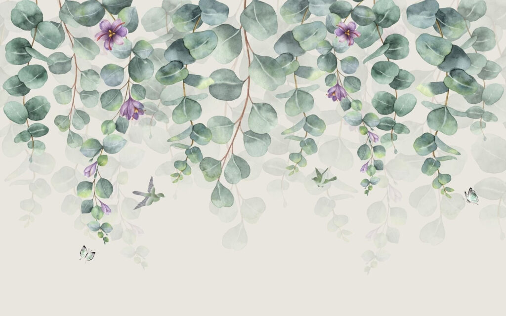 Hanging leaves, lilac blooms — full design